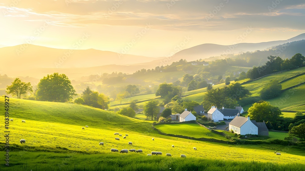 Obraz premium A picturesque village nestled in rolling green hills, bathed in the golden light of a setting sun, with sheep grazing peacefully on the slopes.