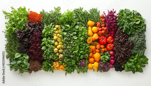 Artful arrangement of fresh herbs and spices viewed from the top, showcasing their vibrant colors and textures against a light backdrop for culinary inspiration photo