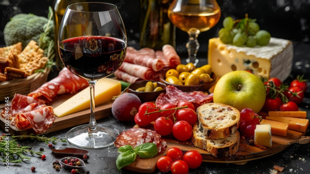 Glass of wine and a set of snacks for wine cheese, meat Generative AI, Glass of wine and a set of snacks for wine cheese, meat Generative AI,