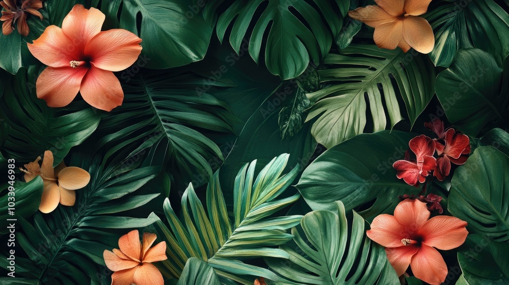 A border of vibrant tropical leaves and flowers, perfect for a sunny Father's Day celebration A border of vibrant tropical leaves and flowers, perfect for a sunny Father's Day celebration