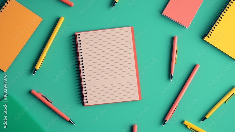 3D render of a desk with scattered school supplies, notebooks, and pens, soft shadows, wideangle, realistic textures 3D render of a desk with scattered school supplies, notebooks, and pens, soft shadows, wideangle, realistic textures