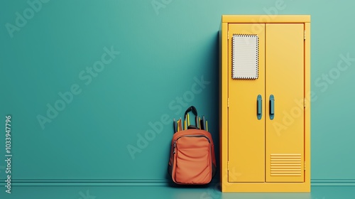 A 3D render of a school locker with notebooks, pens, and a backpack inside, bright lighting, medium shot photo