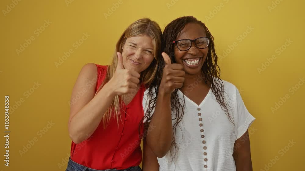 Women smiling together with thumbs up against an isolated yellow background conveying friendship and positivity Women smiling together with thumbs up against an isolated yellow background conveying friendship and positivity