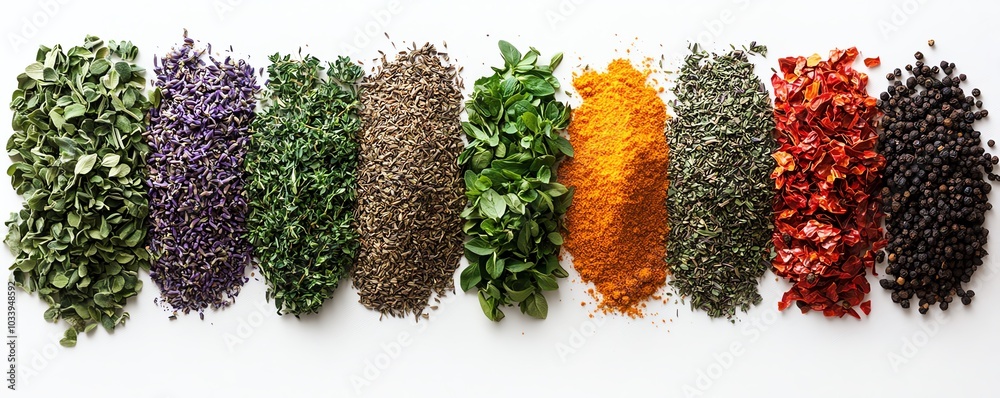 Colorful selection of herbs and spices isolated on a clean white background, showcasing their vibrant colors and health benefits for nutritious meals