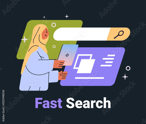 Woman using tablet for fast search modern interface dark background digital concept graphic elements website design