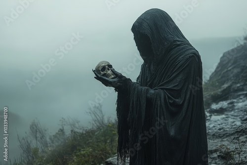 Mysterious grim reaper in a dark cloak extending a skeletal hand, creating a haunting atmosphere in a foggy backdrop.