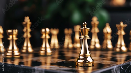 A golden chess king piece stands prominently on a chessboard amidst other pieces. photo