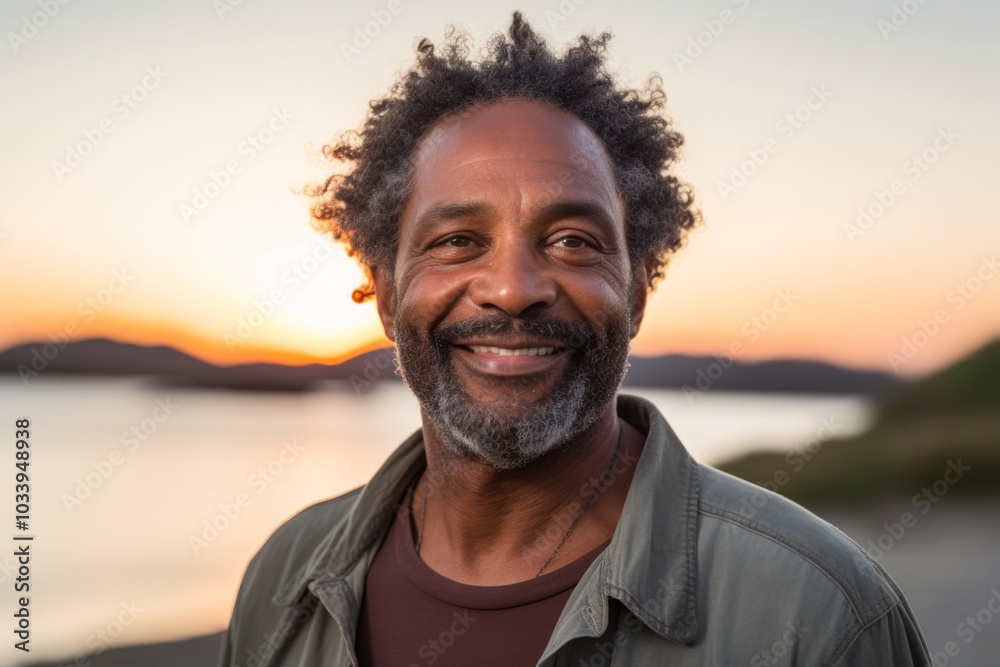 Portrait of a smiling afro-american man in his 50s sporting a long-sleeved thermal undershirt over stunning sunset beach background Portrait of a smiling afro-american man in his 50s sporting a long-sleeved thermal undershirt over stunning sunset beach background