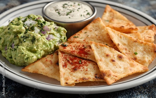 A plate featuring guacamole and crispy tortilla chips with a dipping sauce.