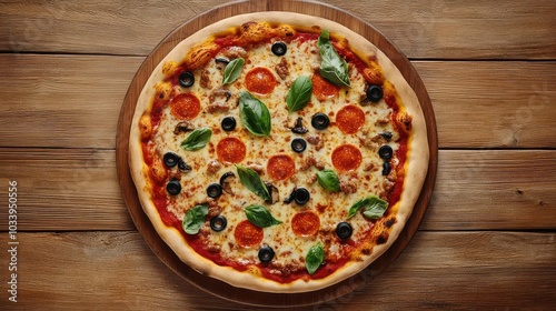 Delicious Pepperoni Pizza with Fresh Basil and Olives