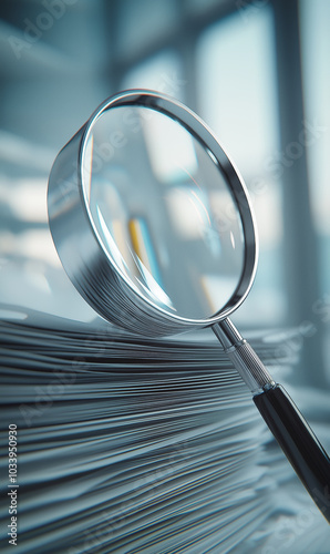 A magnifying glass hovers over a large stack of papers in an office, symbolizing detailed examination or investigation, with blurred office windows in the background adding depth and focus