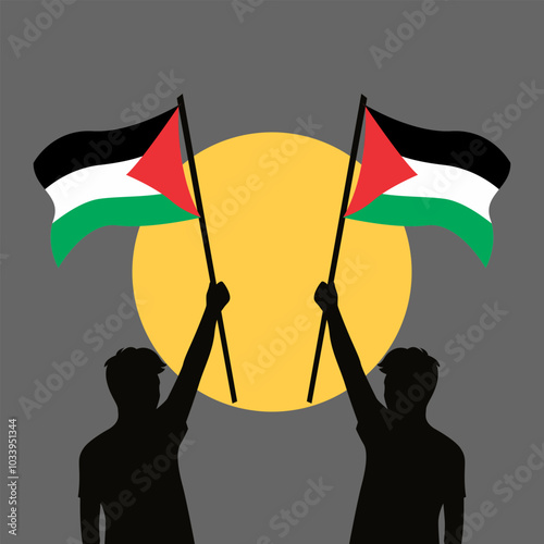 Two silhouetted figures raise Palestinian flags against a backdrop of a yellow circle on a grey background, symbolizing unity and hope