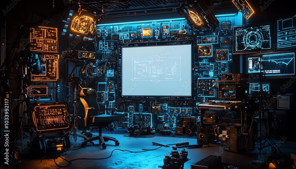 Futuristic tech workspace with glowing screens and high-tech equipment. Futuristic tech workspace with glowing screens and high-tech equipment.