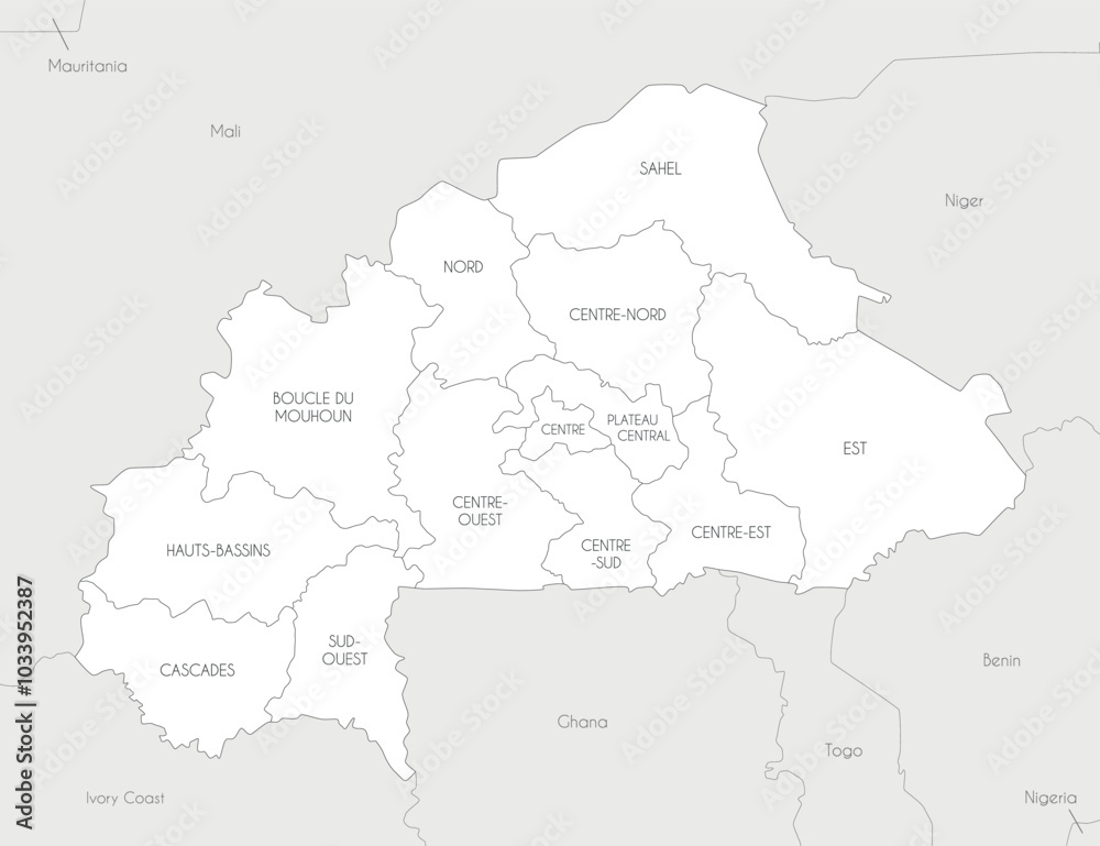 Obraz premium Vector map of Burkina Faso with regions and administrative divisions, and neighbouring countries and territories. Editable and clearly labeled layers.