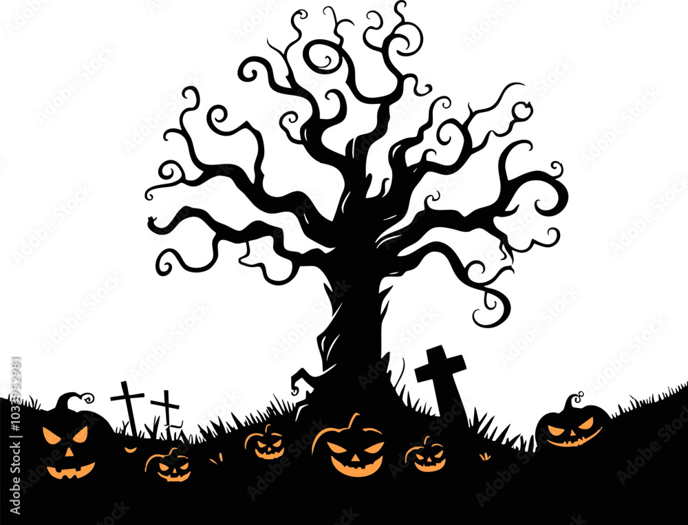 Halloween Tree Silhouette Against a Full Moon Background Halloween Tree Silhouette Against a Full Moon Background