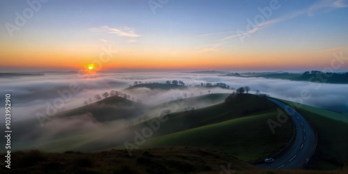 A breathtaking sunrise over misty rolling hills, casting a warm glow and creating a serene landscape filled with soft colors and tranquil beauty.