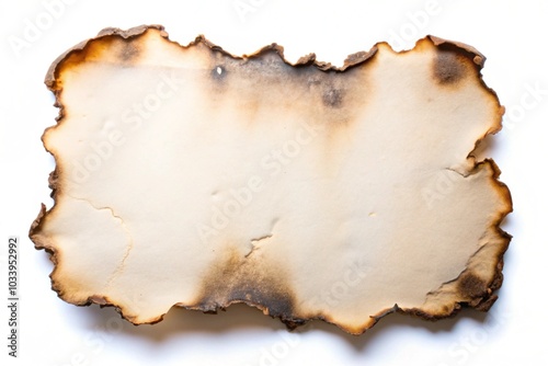 A piece of old parchment paper with burnt edges, set against a clean white background, showcasing its charred texture.