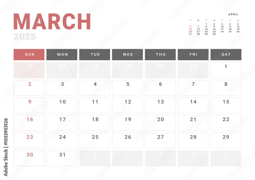 Monthly page Calendar Planner Template of March 2025. Vector layout of calendar with week start Monday for Scheduling. Page for size A4 or 21x29.7 cm Monthly page Calendar Planner Template of March 2025. Vector layout of calendar with week start Monday for Scheduling. Page for size A4 or 21x29.7 cm