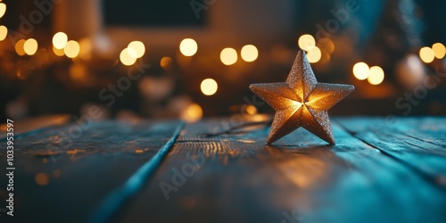 A shiny Christmas star icon resting on a rustic wooden table, with blurred festive lights creating a warm holiday scene photo