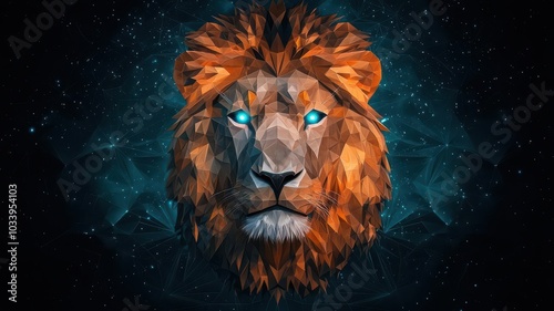 Abstract portrait of a lion with geometric lines, glowing eyes, and cosmic background, wildlife meets scifi, symbolic strength