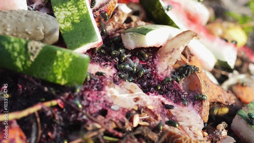 Flies and wasps eating on a pile of spoilt fruit and vegetables, slow motion footage
