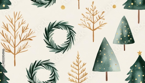 Simple watercolor Christmas wreaths, muted green and gold, soft focus, on a plain cream background, seamless repeat