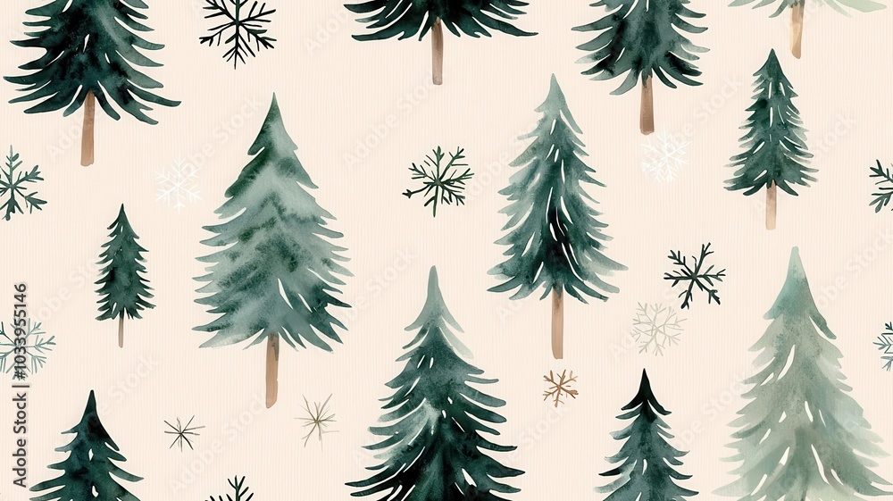 Watercolor fir branches with subtle snowflakes, soft green and white, scattered on a pale beige background, seamless design