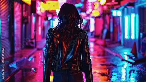 Woman Walking in Neon-Lit Street photo