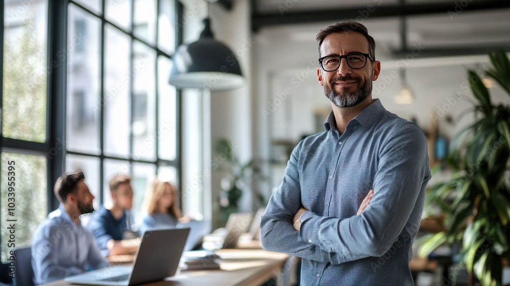 business owner, casually dressed, leading an in-house meeting in a modern office space.