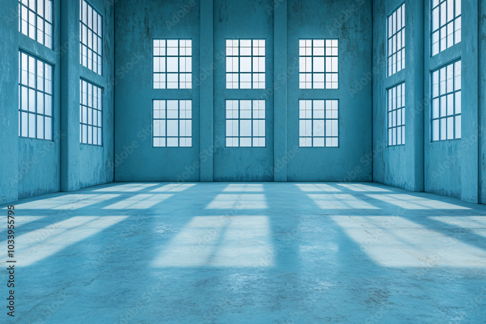 This image showcases a bright blue room featuring expansive windows that allow natural light to flood in casting soft shadows on the floor creating a tranquil and spacious environment This image showcases a bright blue room featuring expansive windows that allow natural light to flood in casting soft shadows on the floor creating a tranquil and spacious environment