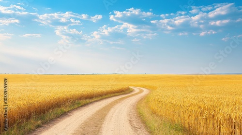 Photo of a golden wheat field with a dirt road, a beautiful sky, and a summer landscape.