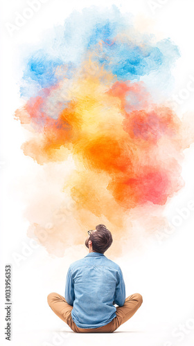 Wallpaper Mural This image captures a man sitting in a reflective pose gazing upwards at a cloud of vibrant colors. The abstract visual symbolizes creativity Torontodigital.ca