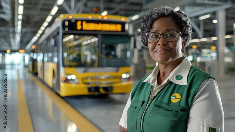 confident female bus driver stands proudly in transit facility, showcasing her dedication to public transport. bus behind her is ready for service, symbolizing community connection