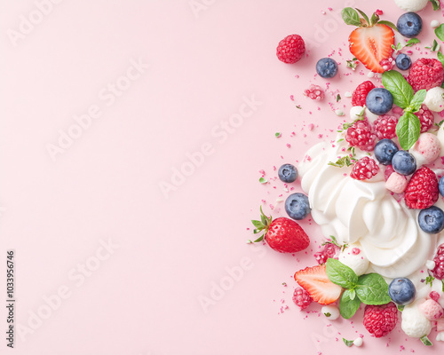 Explore a delightful arrangement of fresh strawberries blueberries raspberries and creamy swirls on a pastel backdrop perfect for summer desserts
