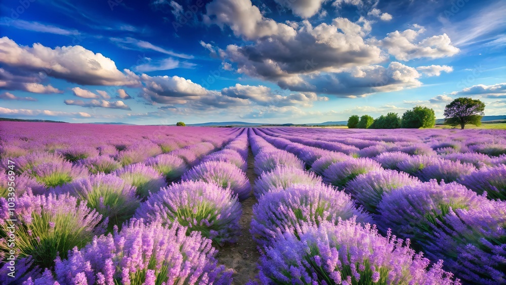 Obraz premium A field of lavender in full bloom beneath a bright summer sky 