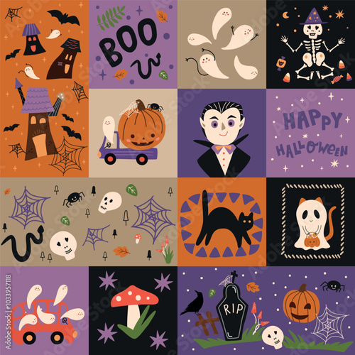 Cute mosaic Halloween seamless pattern design with portraits of Dracula, ghosts, haunted house, black cat, pumpkin, RIP stone. Cartoon hand drawn patchwork print. Vector repeat background.