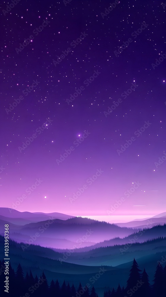 A purple sky with stars, a forest on the horizon, in the style of cartoon style, in the style of vector graphics A purple sky with stars, a forest on the horizon, in the style of cartoon style, in the style of vector graphics