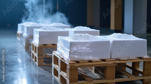 White powder boxes on wooden pallets in warehouse setting, with steam rising, create intriguing atmosphere. scene suggests industrial activity and storage photo