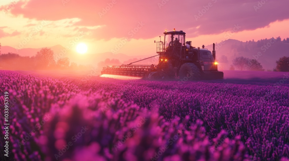 Fototapeta premium A sleek, advanced seeding machine operating in a field of lavender at twilight