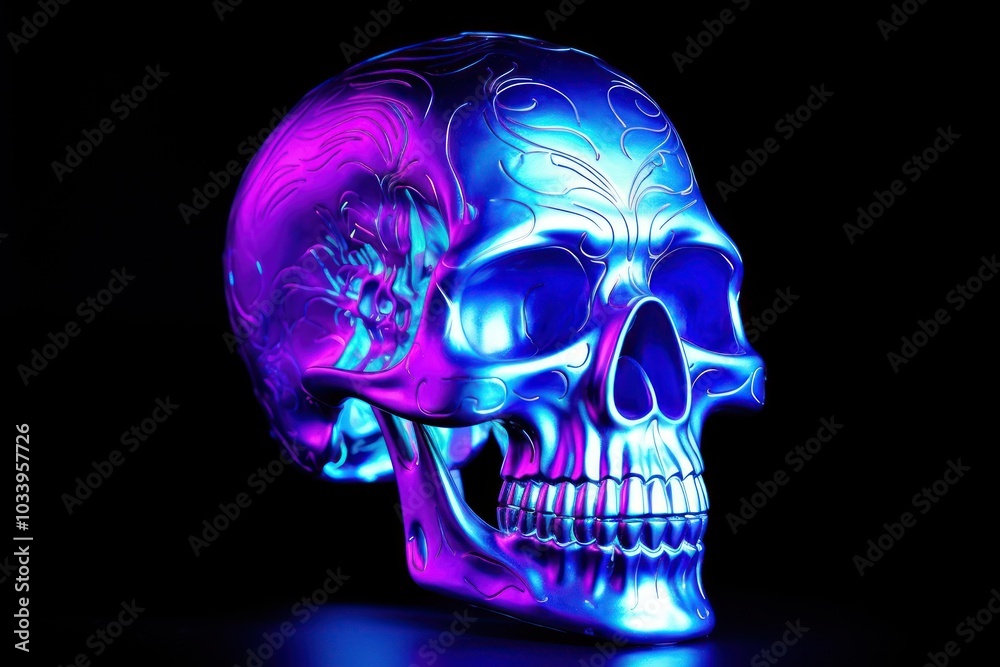 Fototapeta premium Sideview skull purple light illuminated.