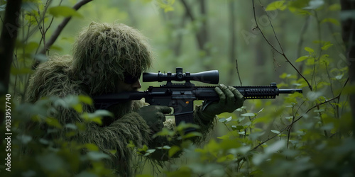 A camouflaged sniper in a ghillie suit, skillfully hidden among natural foliage, showcasing stealth and precision in a tactical environment.