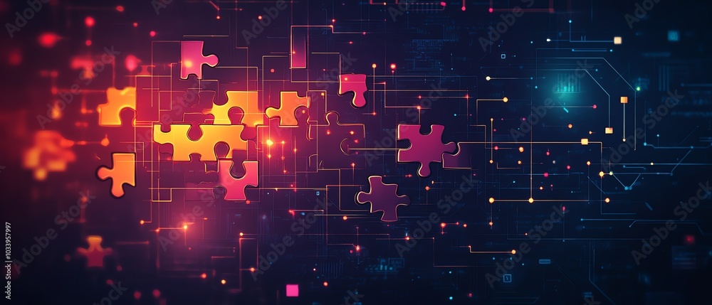 Illustration of API integration concept with puzzle pieces connecting on a hightech background, symbolizing the fusion of different technologies for enhanced functionality Illustration of API integration concept with puzzle pieces connecting on a hightech background, symbolizing the fusion of different technologies for enhanced functionality