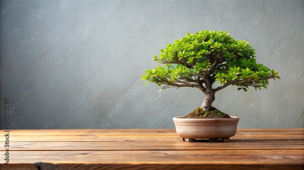 A bonsai tree with tiny green leaves, placed on a simple wooden table in a minimalistic setting A bonsai tree with tiny green leaves, placed on a simple wooden table in a minimalistic setting