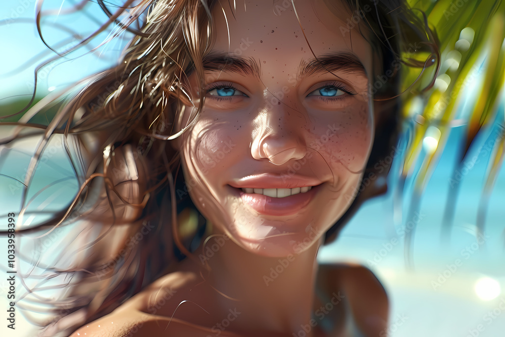A young woman with blue eyes and freckles smiles brightly, surrounded by tropical foliage and a serene beach in the background. A young woman with blue eyes and freckles smiles brightly, surrounded by tropical foliage and a serene beach in the background.