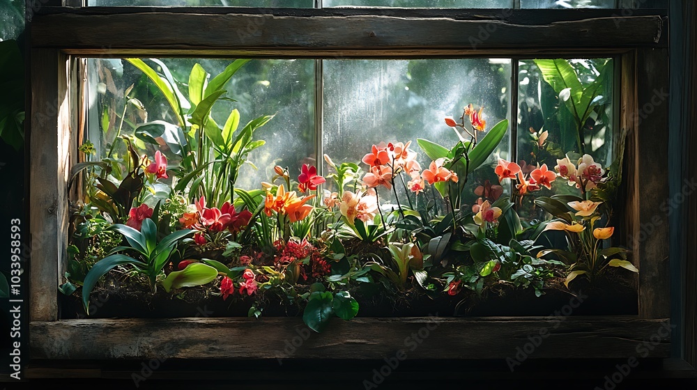 A rustic terrarium made from recycled glass and wood, holding tropical plants and orchids, the vibrant green leaves and bright flowers illuminated by sunlight,