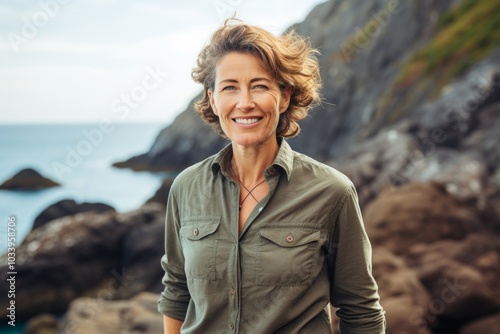 Portrait of a glad woman in her 50s sporting a breathable hiking shirt isolated in rocky shoreline background photo