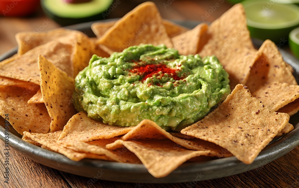 A delicious serving of guacamole surrounded by tortilla chips, perfect for snacking. A delicious serving of guacamole surrounded by tortilla chips, perfect for snacking.