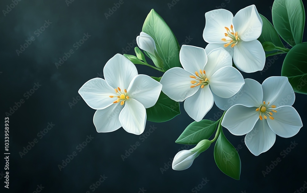 Realistic jasmine flower cluster set against a dark background, emphasizing the contrast and elegance of the blossoms Realistic jasmine flower cluster set against a dark background, emphasizing the contrast and elegance of the blossoms