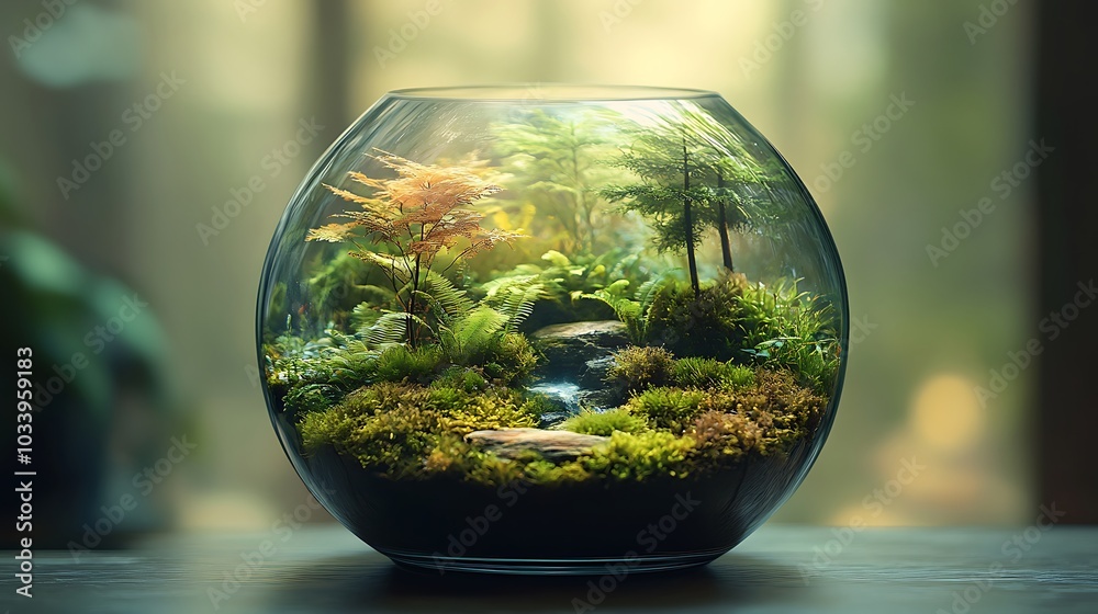 A sealed glass terrarium, featuring a miniature forest scene with tiny trees, ferns, and moss, the interior bathed in soft, natural light, creating a lush, vibrant ecosystem, A sealed glass terrarium, featuring a miniature forest scene with tiny trees, ferns, and moss, the interior bathed in soft, natural light, creating a lush, vibrant ecosystem,