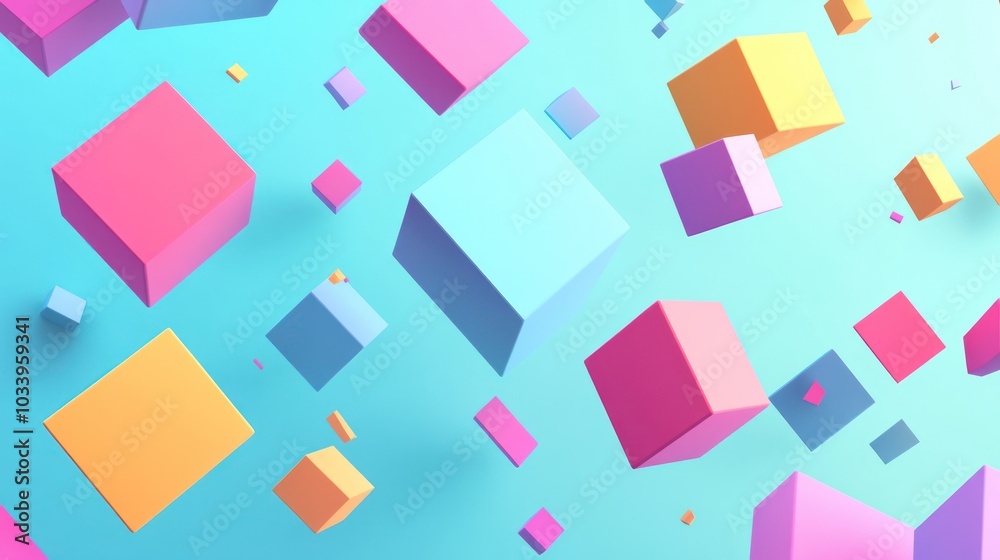Abstract Colorful Cubes Floating on Blue Background Abstract Colorful Cubes Floating on Blue Background